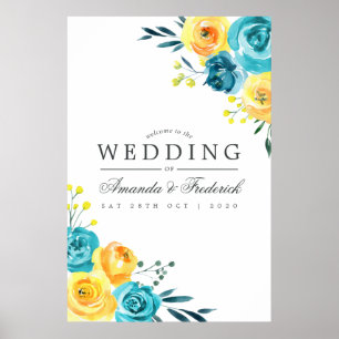 Póster Bienvenida de Boda Floral Turquesa y Amarillo