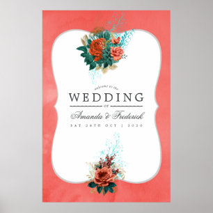 Póster Bienvenida de Boda Floral Turquesa y Coral