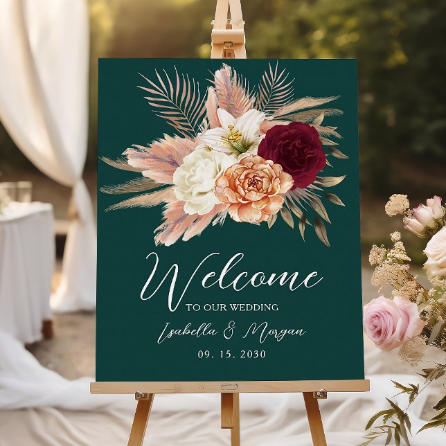 Póster Bienvenida de boda floral verde esmeralda (Subido por el creador)