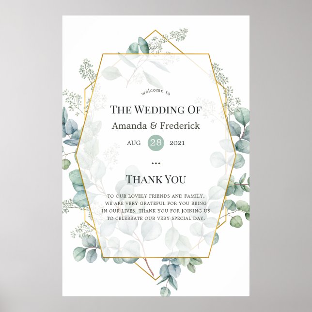 Póster Bienvenida de boda geométrica de eucalipto acuarel (Frente)