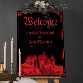 Póster Bienvenida de boda gótica de castillo negro rojo