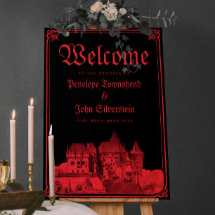 Póster Bienvenida de boda gótica de castillo negro rojo