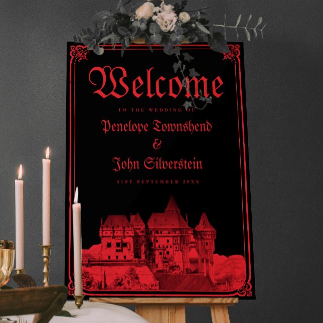 Póster Bienvenida de boda gótica de castillo negro rojo (Gothic Castle Border Black Red Wedding Welcome Poster)