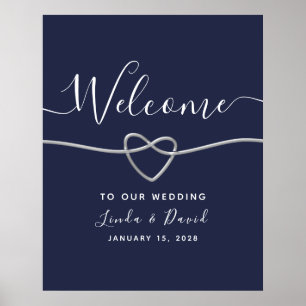 Póster Bienvenida de Boda Moderna en Plata y Azul Marino