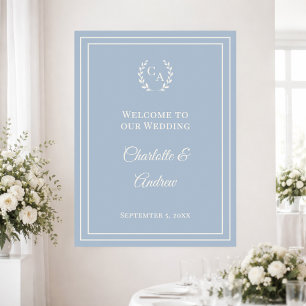Póster Bienvenida de boda monogramada de marfil azul polv