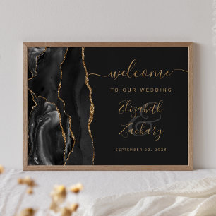 Póster Bienvenida de boda oscura con guión de oro negro d