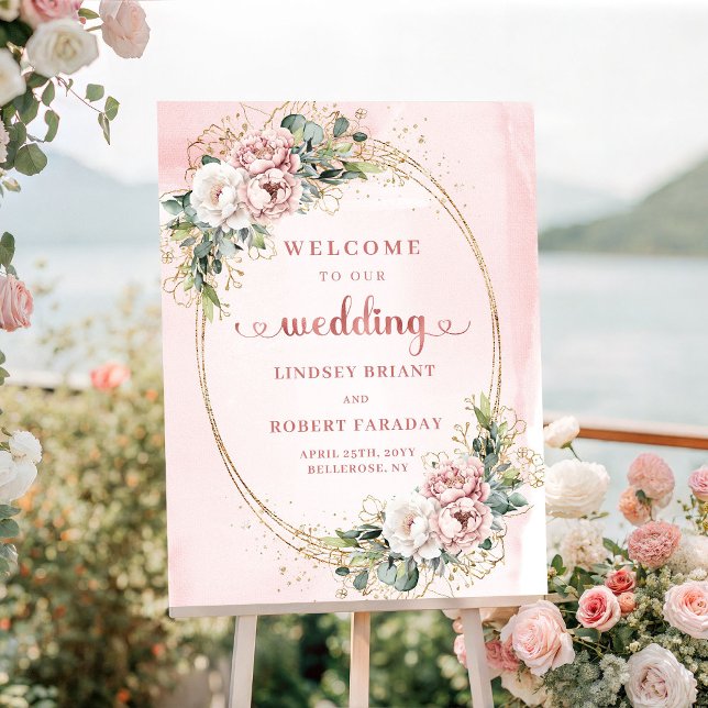 Póster Bienvenida de boda polvorienta rosa verde boho rub (Dusty Pink Greenery Boho Blush Pink Wedding Welcome)