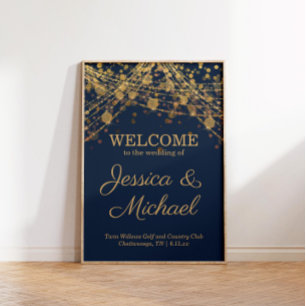 Póster Bienvenida de boda rústica glam azul marino dorado