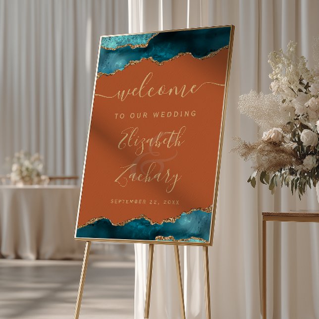 Póster Bienvenida de boda Teal Gold Agate Burnt Orange (Subido por el creador)