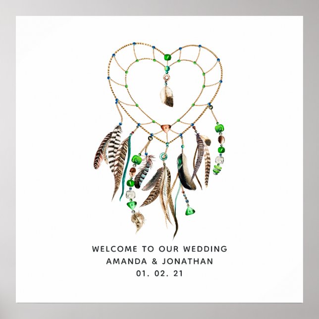 Póster Bienvenida de boda tribal india esmeralda boho (Frente)