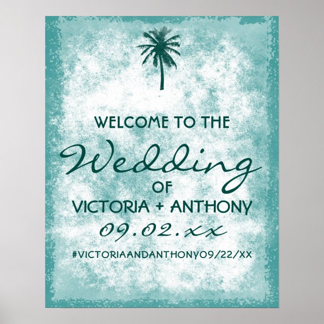 Póster Bienvenida de Boda Tropical Palm Tree Beach (Frente)