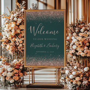Póster Bienvenida de boda verde oscuro con brillo dorado
