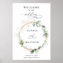 Póster Bienvenida de boda verde y dorado