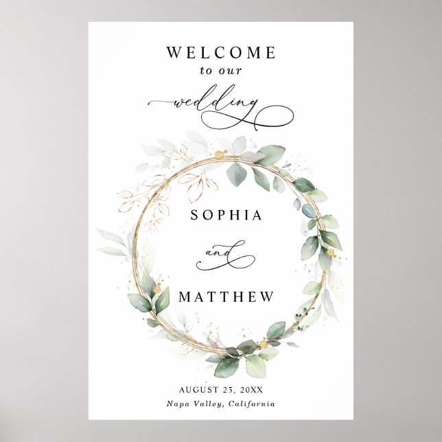 Póster Bienvenida de boda verde y dorado (Frente)