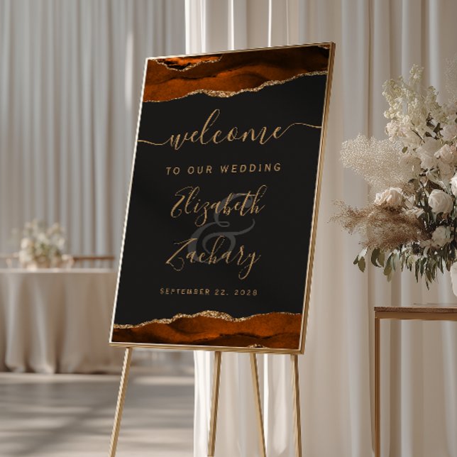Póster Bienvenida de boda vertical de ágata dorada naranj (Subido por el creador)