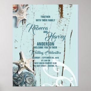 Póster bienvenida de bodas en la playa de agua azul mar