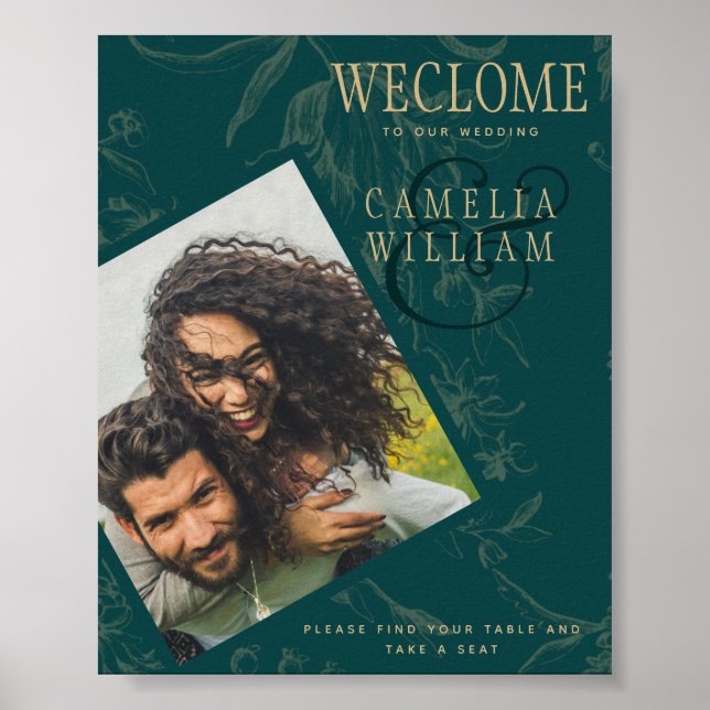 PÓSTER BIENVENIDA DE BODAS FOTO ORO TEAL BOTÁNICO (Frente)