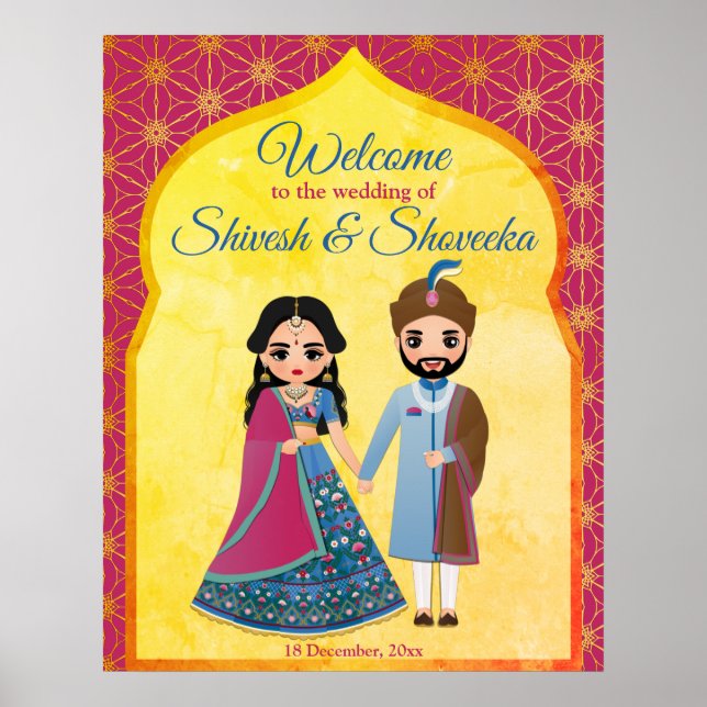 Póster Bienvenida de bodas indios con diseño rosa y dorad (Frente)
