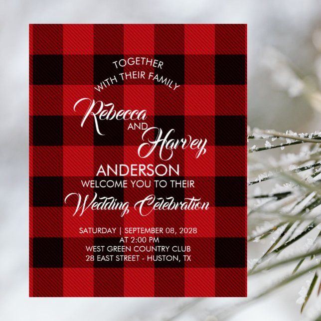 Póster bienvenida de bodas rústicas de invierno de búfalo (red buffalo plaid rustic winter wedding welcome poster)