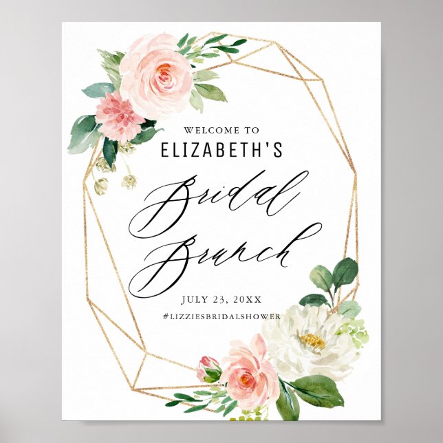 Póster Bienvenida de Brunch de novia floral rosa con marc (Frente)