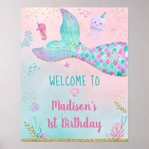 Póster Bienvenida de cumpleaños a la sirena de oro rosa b