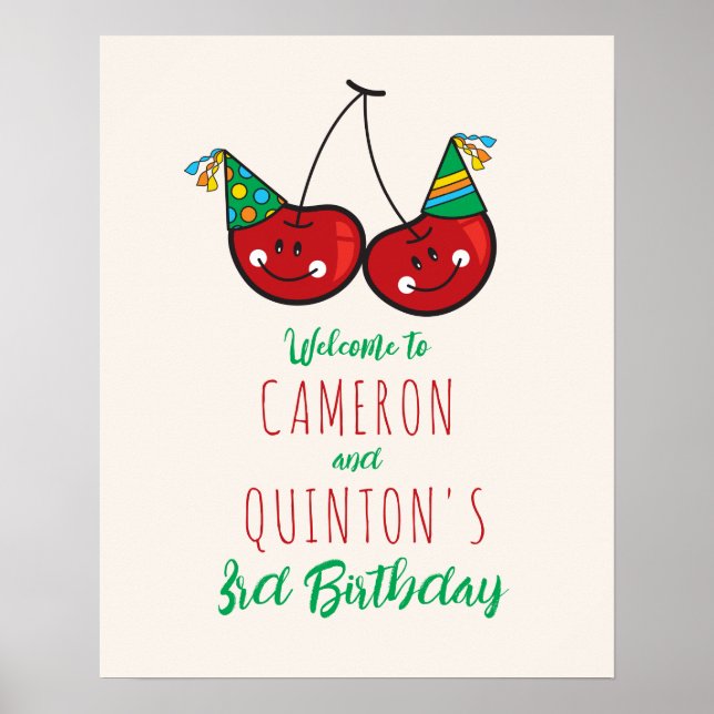 Póster Bienvenida de cumpleaños a los niños gemelos fiest (Frente)