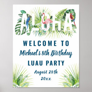Póster Bienvenida de cumpleaños Aloha Flamingo Luau