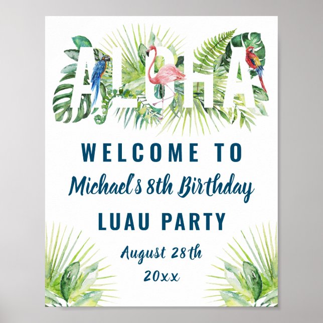 Póster Bienvenida de cumpleaños Aloha Flamingo Luau (Frente)