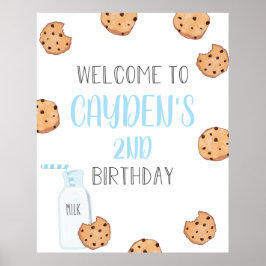 Póster Bienvenida de cumpleaños azul para leche y galleta