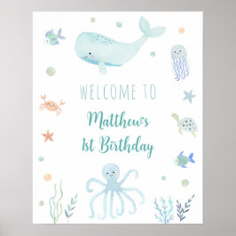 Póster Bienvenida de cumpleaños Blue Pastel Under Sea