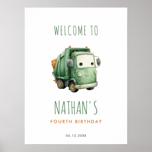 Póster Bienvenida de cumpleaños con camión de basura (Frente)
