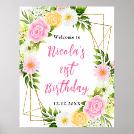 Póster Bienvenida de cumpleaños con flores rosas y amaril