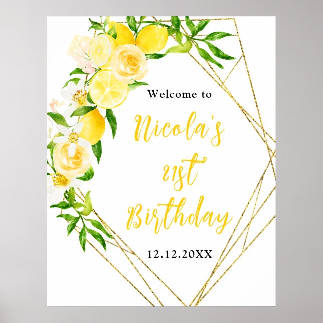 Póster Bienvenida de cumpleaños con limones y follaje (Frente)