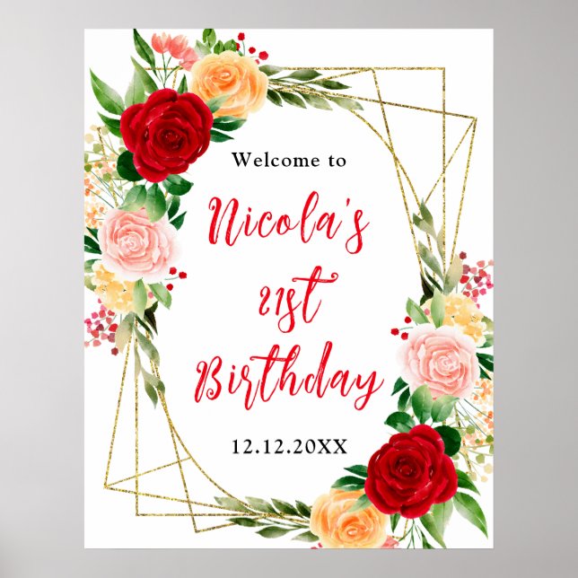 Póster Bienvenida de cumpleaños con rosas rojas y naranja (Frente)