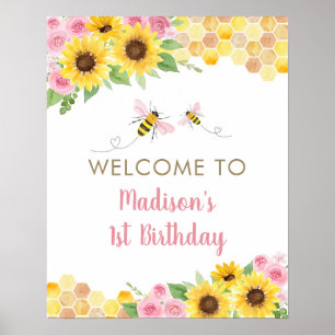 Póster Bienvenida de cumpleaños de Abeja Rosa Sunflower