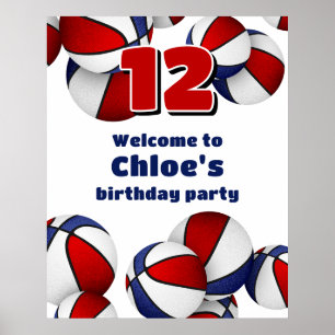 Póster bienvenida de cumpleaños de baloncesto azul rojo