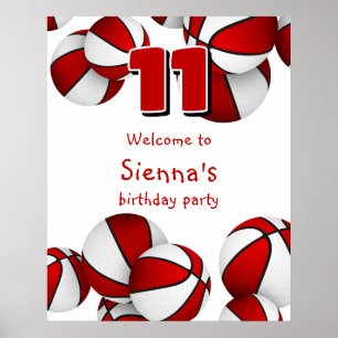 Póster bienvenida de cumpleaños de baloncesto blanco rojo