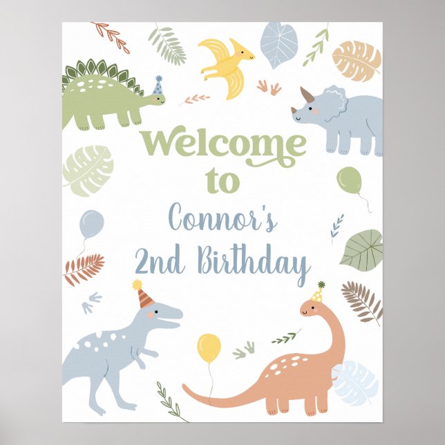 Póster Bienvenida de cumpleaños de Blue Boy Boho Dinosaur (Frente)