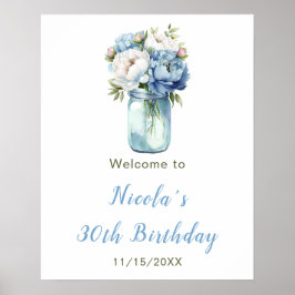 Póster Bienvenida de cumpleaños de Blue Peonies Mason Jar