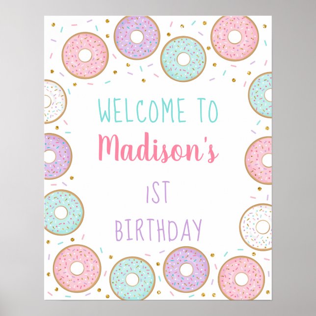 Póster Bienvenida de cumpleaños de Donut Pink Gold Pastel (Frente)