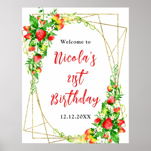 Póster Bienvenida de cumpleaños de Fresas y Margaritas (Frente)