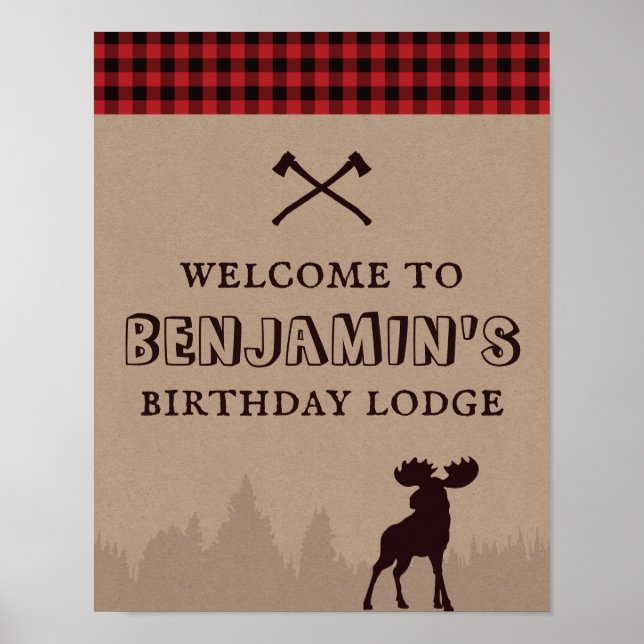 Póster Bienvenida de cumpleaños de leñador a cuadros Búfa (Frente)