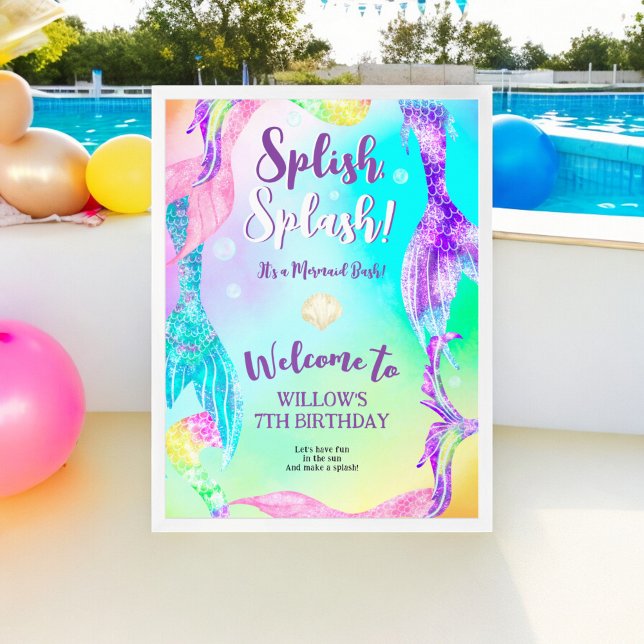 Póster Bienvenida de cumpleaños de los niños, sirena fies (Beach party mermaid tails Kids birthday welcome Poster)