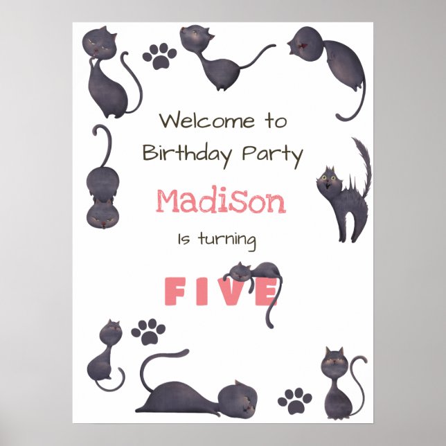 Póster Bienvenida de cumpleaños de niños de gato negro (Frente)