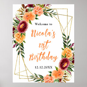 Póster Bienvenida de cumpleaños de otoño Borgoña y Naranj
