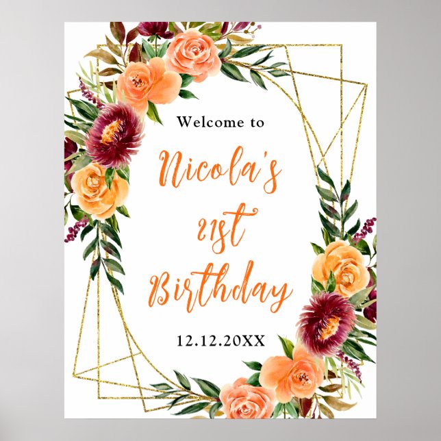 Póster Bienvenida de cumpleaños de otoño Borgoña y Naranj (Frente)