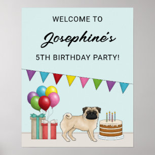 Póster Bienvenida de cumpleaños de Pug cervato de dibujos