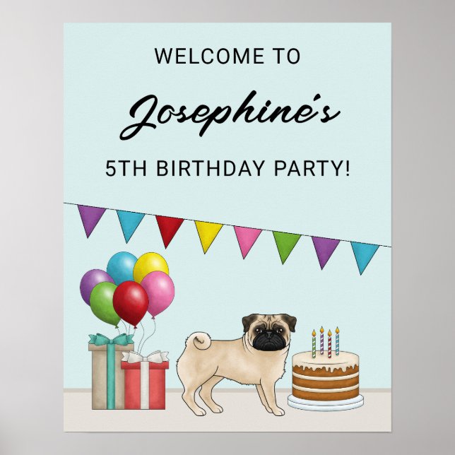 Póster Bienvenida de cumpleaños de Pug cervato de dibujos (Frente)