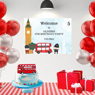 Póster Bienvenida de cumpleaños de Red London Bus y Clock