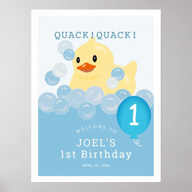 Póster Bienvenida de cumpleaños de Rubber Ducky Blue Boy (Frente)